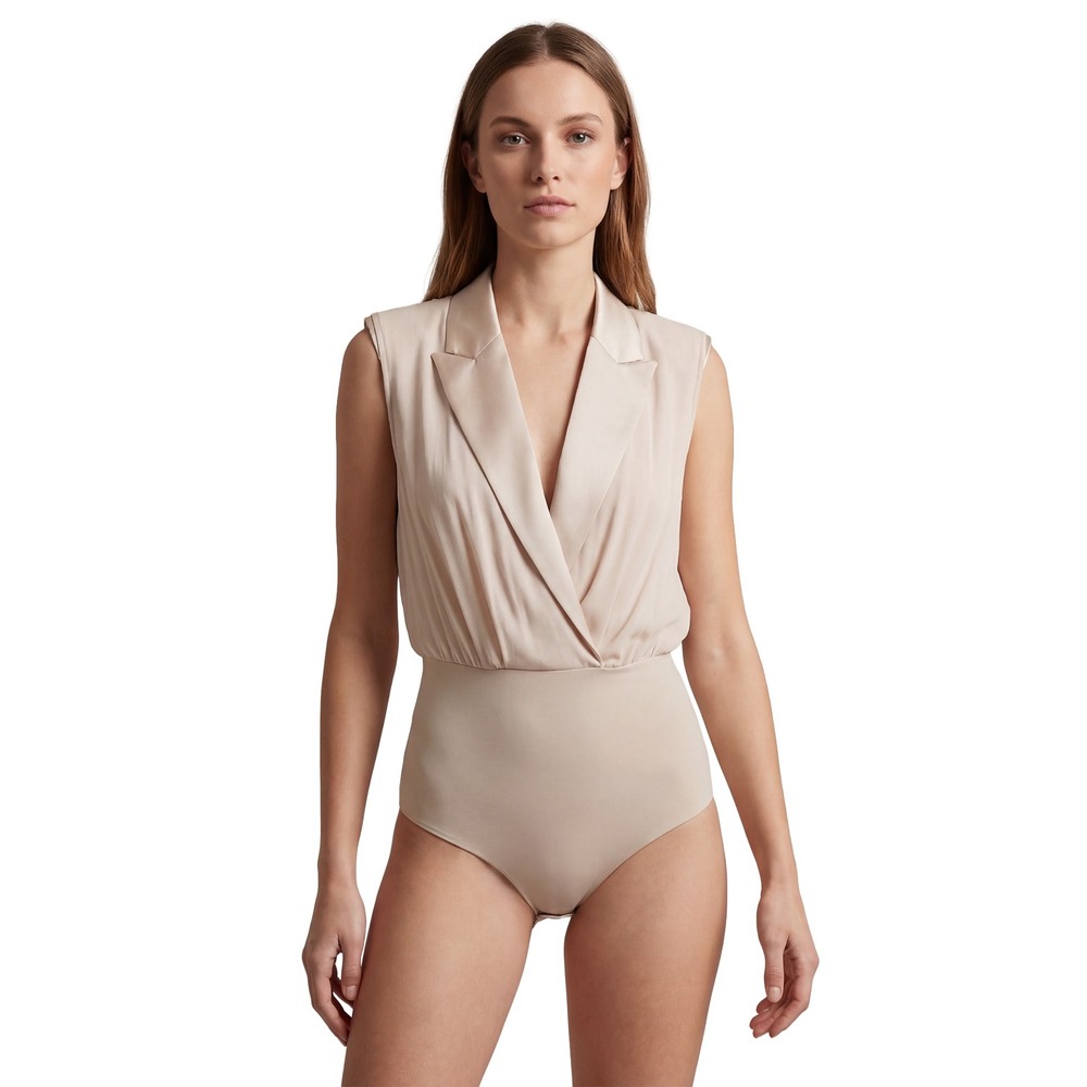 Elisabetta‎ Franchi Beige Crepe Structured Shoulder Bodysuit IT 38/US 2
